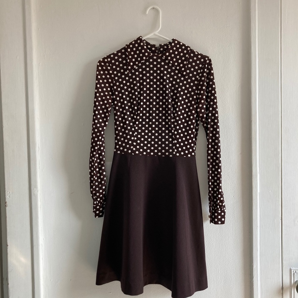 Vintage Dress, 60’s or 70’s, Brown polkadot S-M